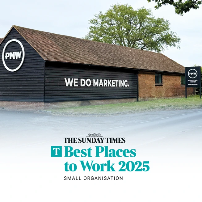 PMW Communications’ office with The Sunday Times Best Places to work logo underneath.